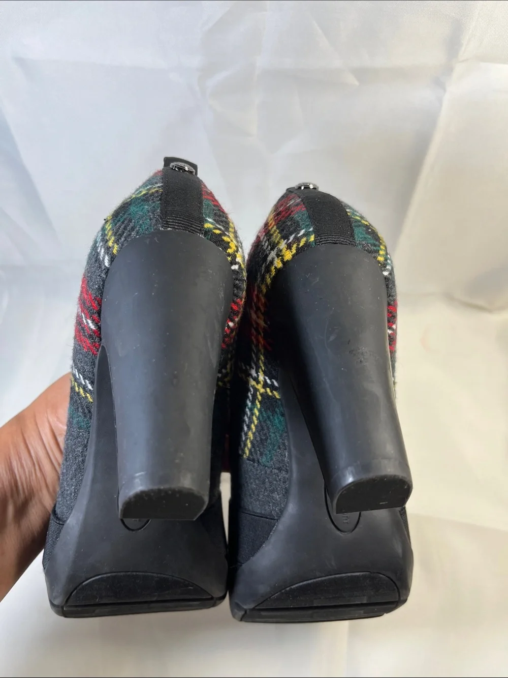Anne Klein Red Plaid Pump with Black Elastic Cross Straps